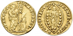 ITALY. Venice. Giovanni Cornaro, 1709-1722. Zecchino (Gold, 22 mm, 3.49 g, 4 h), 111th Doge. IOAN✶ CORNEL• - S• M• VENETI• / DVX Doge kneeling to left...