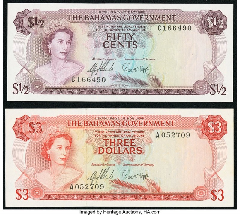 Bahamas Bahamas Government 1/2 Dollar; 3 Dollars 1965 Pick 17a; 19a Two Examples...