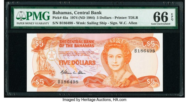 Bahamas Central Bank 5 Dollars 1974 (ND 1984) Pick 45a PMG Gem Uncirculated 66 E...