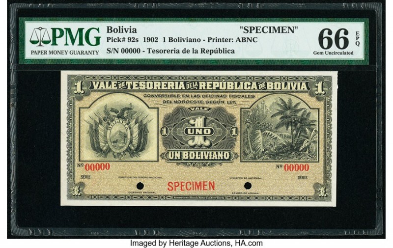 Bolivia Tesoreria de la Republica 1 Boliviano 29.11.1902 Pick 92s Specimen PMG G...