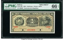Bolivia Tesoreria de la Republica 1 Boliviano 29.11.1902 Pick 92s Specimen PMG Gem Uncirculated 66 EPQ. Two POCs; red Specimen overprints.

HID0980124...