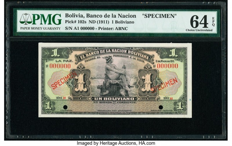 Bolivia Banco de la Nacion Boliviana 1 Boliviano 11.5.1911 Pick 102s Specimen PM...