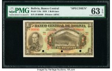 Bolivia Banco Central 1 Boliviano 20.7.1928 Pick 118s Specimen PMG Choice Uncirculated 63 EPQ. Three POCs; red Specimen overprints.

HID09801242017

©...