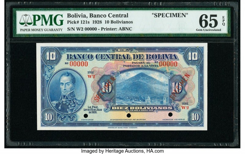 Bolivia Banco Central 10 Bolivianos 20.7.1928 Pick 121s Specimen PMG Gem Uncircu...