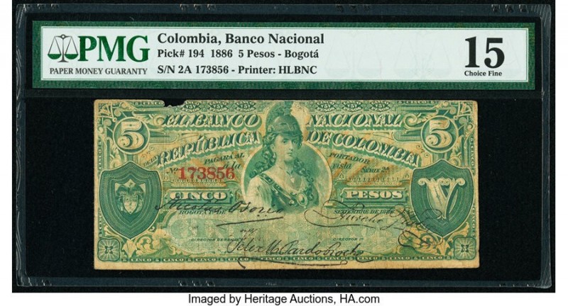 Colombia Banco Nacional de la Republica de Colombia 5 Pesos 9.1886 Pick 194 PMG ...