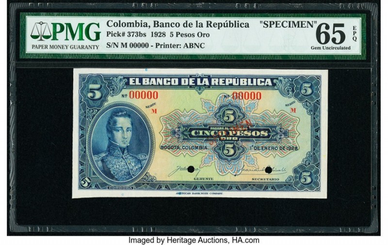 Colombia Banco de la Republica 5 Pesos Oro 1.1.1928 Pick 373bs Specimen PMG Gem ...