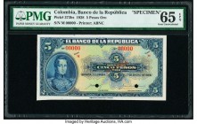 Colombia Banco de la Republica 5 Pesos Oro 1.1.1928 Pick 373bs Specimen PMG Gem Uncirculated 65 EPQ. Two POCs; red Specimen overprint.

HID09801242017...
