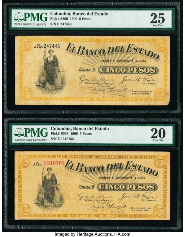 Colombia Banco del Estado 5 Pesos 1900 Pick S505 Two Examples PMG Very Fine 20; ...