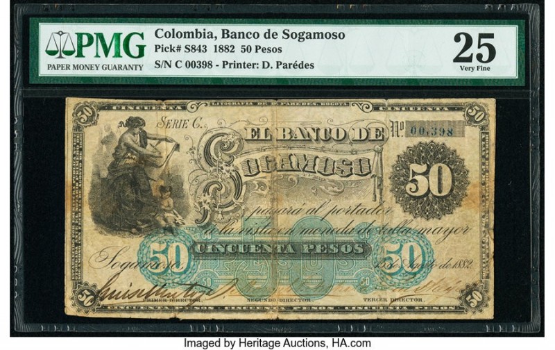 Colombia Banco de Sogamoso 50 Pesos 15.8.1882 Pick S843 PMG Very Fine 25. Split....