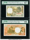 Comoros Banque de Madagascar et des Comores 100 Francs ND (1963) Pick 3b PMG Superb Gem Unc 67 EPQ; New Hebrides Institut d'Emission 1000 Francs ND (1...