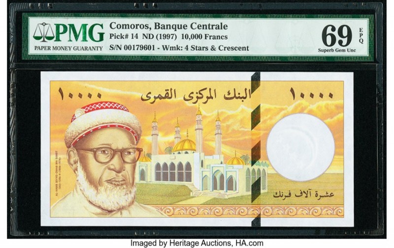 Comoros Banque Centrale Des Comores 10,000 Francs ND (1997) Pick 14 PMG Superb G...