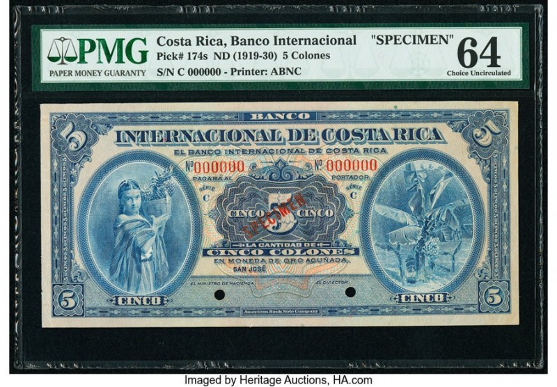 Costa Rica Banco Internacional 5 Colones ND (1919-30) Pick 174s Specimen PMG Cho...