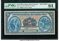 Costa Rica Banco Internacional 5 Colones ND (1919-30) Pick 174s Specimen PMG Choice Uncirculated 64. Two POCs; red Specimen overprint.

HID09801242017...