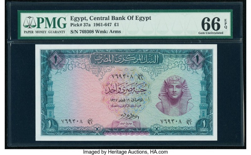Egypt Central Bank of Egypt 1 Pound 1967 Pick 37a PMG Gem Uncirculated 66 EPQ. 
...