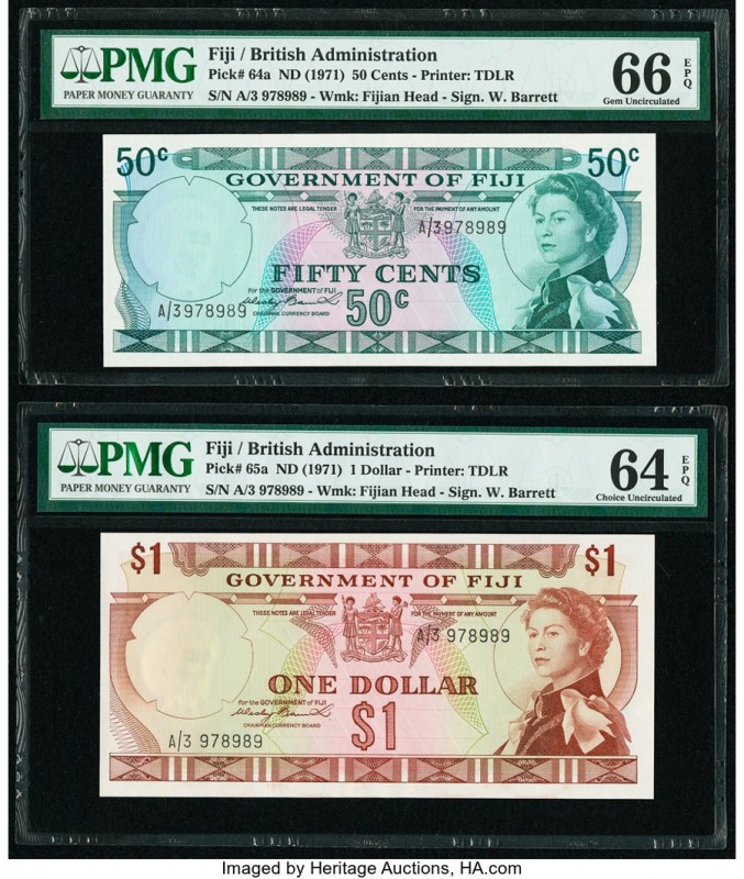 Fiji Government of Fiji 50 Cents; 1 Dollar ND (1971) Pick 64a; 65a Two Examples ...