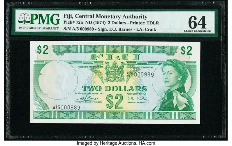 Fiji Central Monetary Authority 2 Dollars ND (1974) Pick 72a PMG Choice Uncircul...