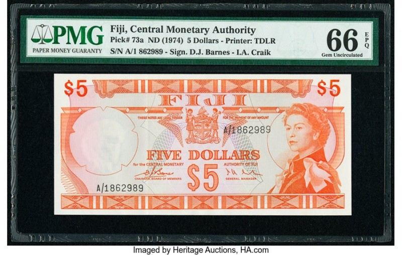 Fiji Central Monetary Authority 5 Dollars ND (1974) Pick 73a PMG Gem Uncirculate...