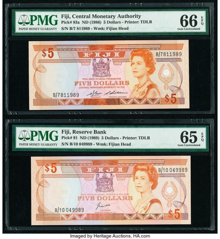 Fiji Central Monetary Authority 5 Dollars ND (1986-89) Pick 83a; 91 Two Examples...