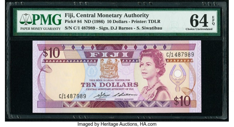 Fiji Central Monetary Authority 10 Dollars ND (1986) Pick 84 PMG Choice Uncircul...