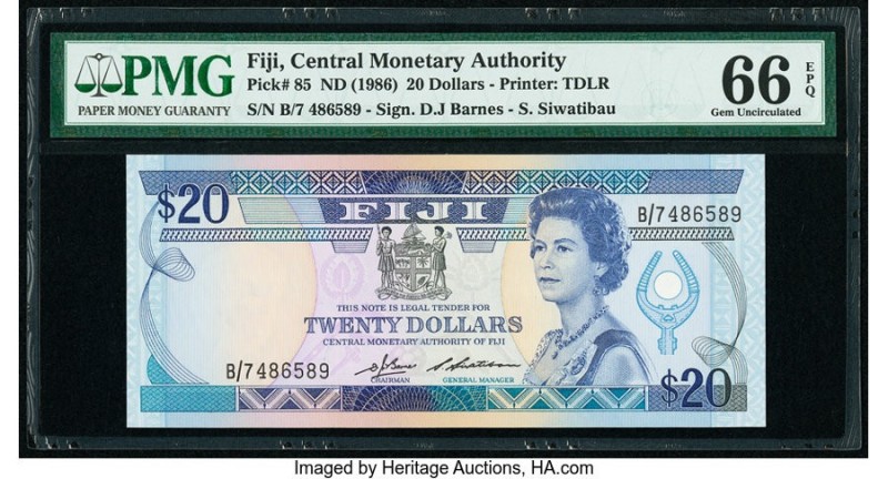 Fiji Central Monetary Authority 20 Dollars ND (1986) Pick 85 PMG Gem Uncirculate...