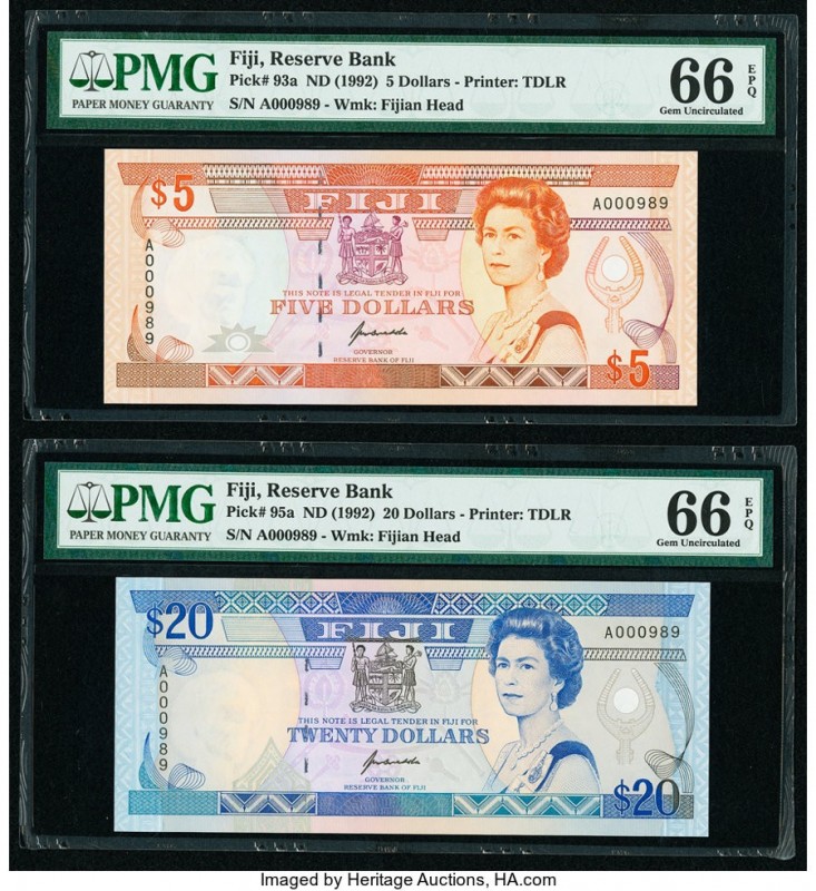 Serial Number 989 Fiji Reserve Bank of Fiji 5; 20 Dollars ND (1992) Pick 93a; 95...