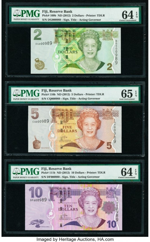 Serial Number 989 Fiji Reserve Bank of Fiji 2; 5; 10 Dollars ND (2012) Pick 109b...