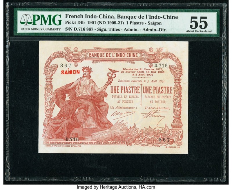 French Indochina Banque de l'Indo-Chine 1 Piastre 1901 (ND 1909-21) Pick 34b PMG...