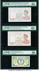 French Indochina Banque de l'Indo-Chine 1 Piastre (2); 1 Piastre = 1 Kip ND (1949); ND (1953) (2) Pick 54e; 92; 99 PMG Choice Uncirculated 64 (2); Abo...