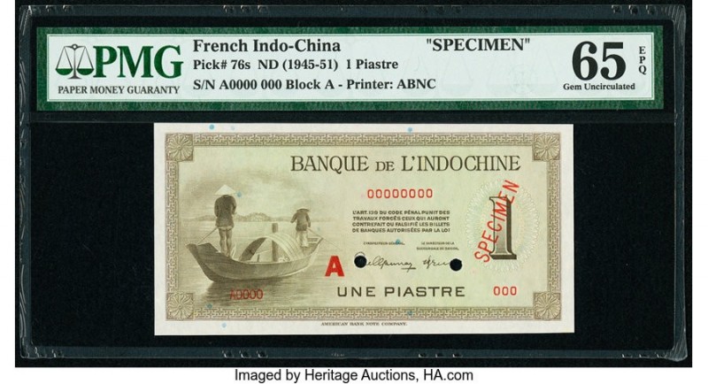 French Indochina Banque de l'Indo-Chine 1 Piastre ND (1945-51) Pick 76s Specimen...