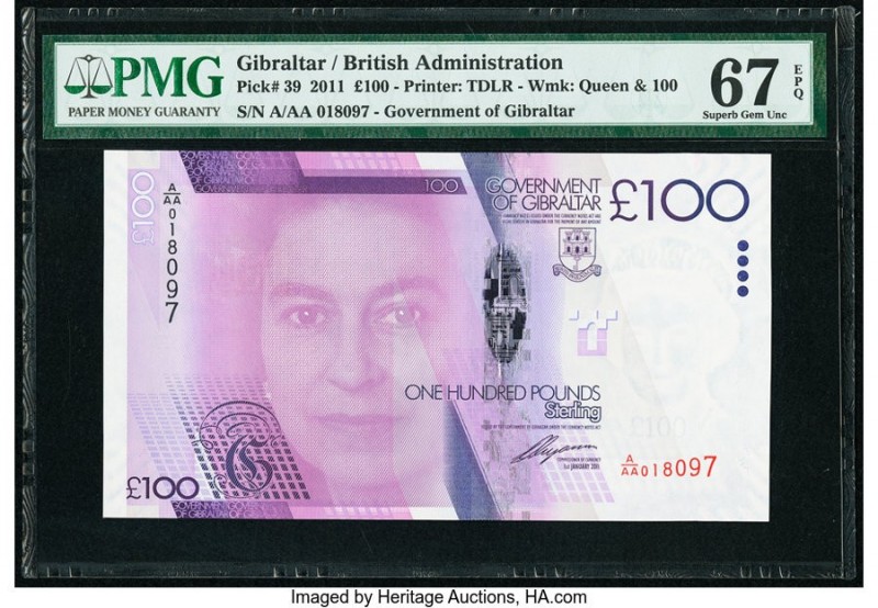 Gibraltar Government of Gibraltar 100 Pounds 1.1.2011 Pick 39 PMG Superb Gem Unc...