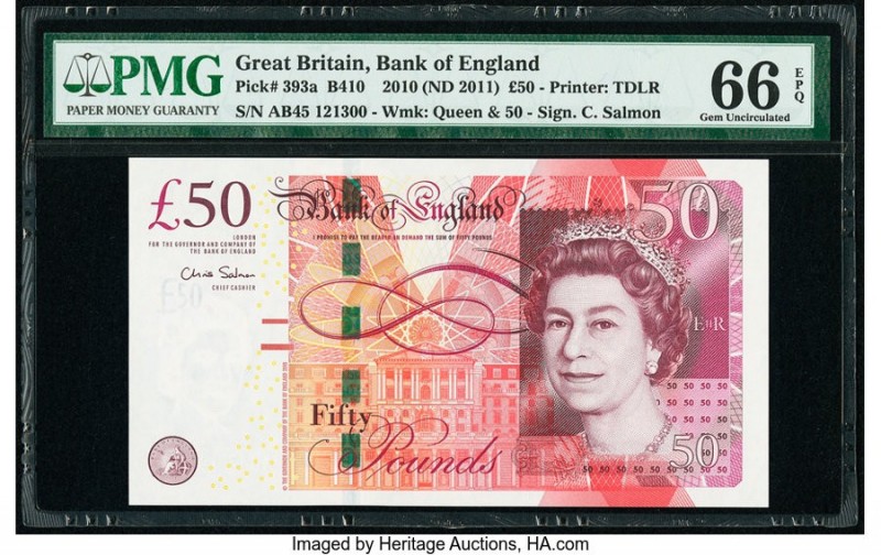 Great Britain Bank of England 50 Pounds 2010 (ND 2011) Pick 393a PMG Gem Uncircu...