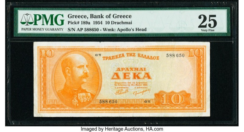 Greece Bank of Greece 10 Drachmai 1954 Pick 189a PMG Very Fine 25. 

HID09801242...