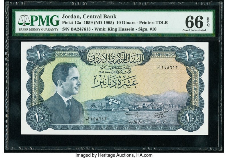 Jordan Central Bank 10 Dinars 1959 (ND 1965) Pick 12a PMG Gem Uncirculated 66 EP...