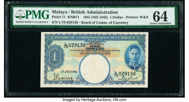 Malaya Board of Commissioners of Currency 1 Dollar 1.7.1941 Pick 11 KNB11 PMG Ch...