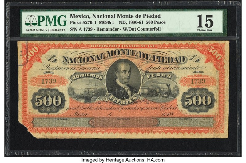 Mexico Nacional Monte de Piedad 500 Pesos ND (1880-81) Pick S270r1 M696r1 Remain...