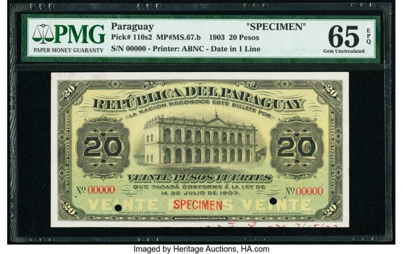 Paraguay Republica del Paraguay 20 Pesos 14.7.1903 Pick 110s2 Specimen PMG Gem U...