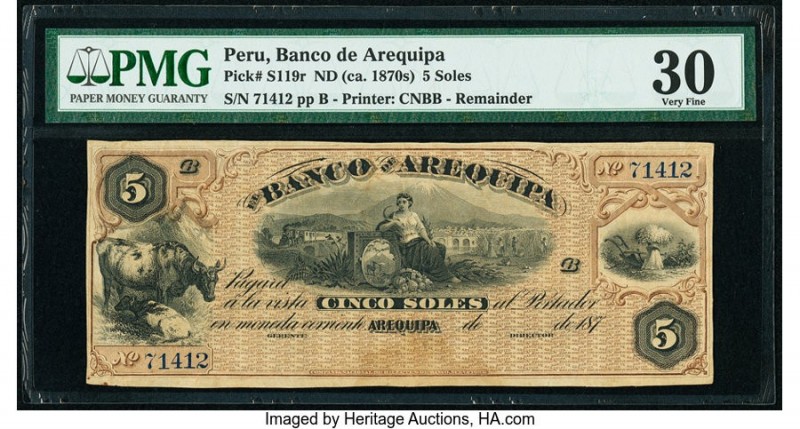 Peru Banco de Arequipa 5 Soles ND (ca. 1870s) Pick S119r Remainder PMG Very Fine...