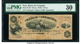 Peru Banco de Arequipa 5 Soles ND (ca. 1870s) Pick S119r Remainder PMG Very Fine 30. 

HID09801242017

© 2020 Heritage Auctions | All Rights Reserved