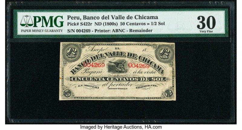 Peru Banco del Valle de Chicama 50 Centavos = 1/2 Sol ND (1800s) Pick S422r Rema...