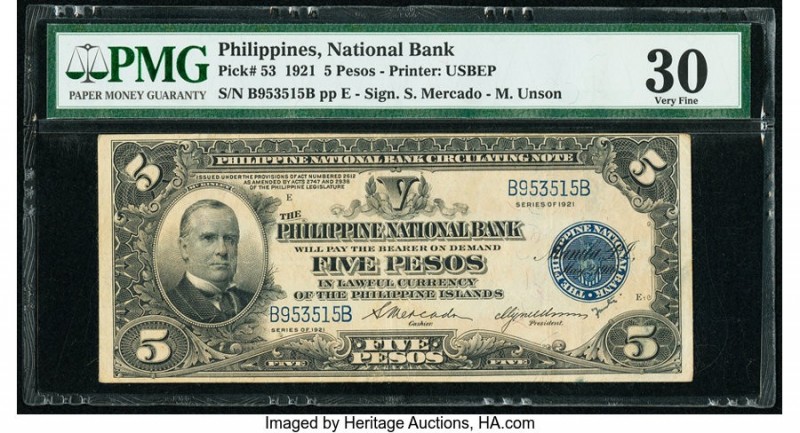 Philippines Philippine National Bank 5 Pesos 1921 Pick 53 PMG Very Fine 30. 

HI...