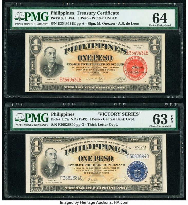 Philippines Philippine National Bank 1 Peso 1941; ND (1949) Pick 89a; 117a Two E...