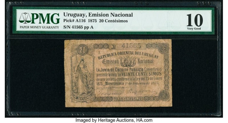 Uruguay Republica Oriental del Uruguay 20 Centesimos 1.2.1875 Pick A116 PMG Very...