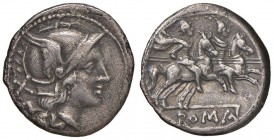 Anonime - Denario (dopo il 211 a.C.) Testa di Roma a d. - R/ I Dioscuri a cavallo a d., sotto, ROMA in rilievo - B. 2; Cr. 44/5 AG (g 4,11) Ex Thesaur...