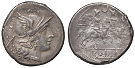 Anonime - Denario (dopo il 211 a.C.) Testa di Roma a d. - R/ I Dioscuri a cavallo a d., sotto, ROMA in rilievo, simbolo, crescente - Cr. 137/1 AG (g 3...