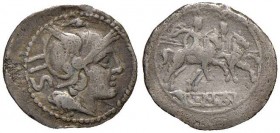 Anonime - Sesterzio (dopo il 211 a.C.) Testa di Roma a d. - R/ I Dioscuri a cavallo a d., sotto, ROMA in rilievo - B. 2; Cr. 44/7 AG (g 1,00) Poroso
...