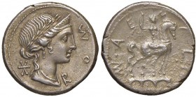 Aemilia - Man. Aemilius Lepidus - Denario (114-113 a.C.) Busto di Roma a d. - R/ Statua equestre su tre arcate - B. 7; Cr. 291/1 AG (g 3,90) Poroso al...