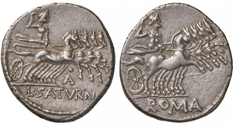 Appuleia - L. Appuleius Saturninus - Denario (104 a.C.) Saturno su quadriga a d....
