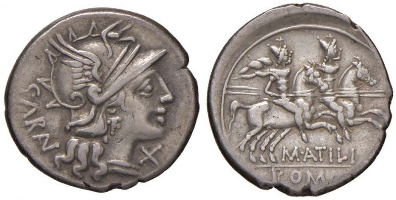 Atilia - M. Atilius Saranus - Denario (148 a.C.) Testa di Roma a d. - R/ I Diosc...
