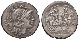 Atilia - M. Atilius Saranus - Denario (148 a.C.) Testa di Roma a d. - R/ I Dioscuri a cavallo a d. - B. 8; Cr. 214/1 AG (g 4,00)
qBB