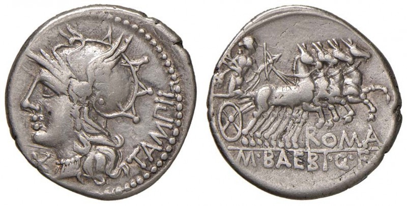 Baebia - M. Baebius - Denario (137 a.C.) Testa di Roma a s. - R/ Apollo su quadr...